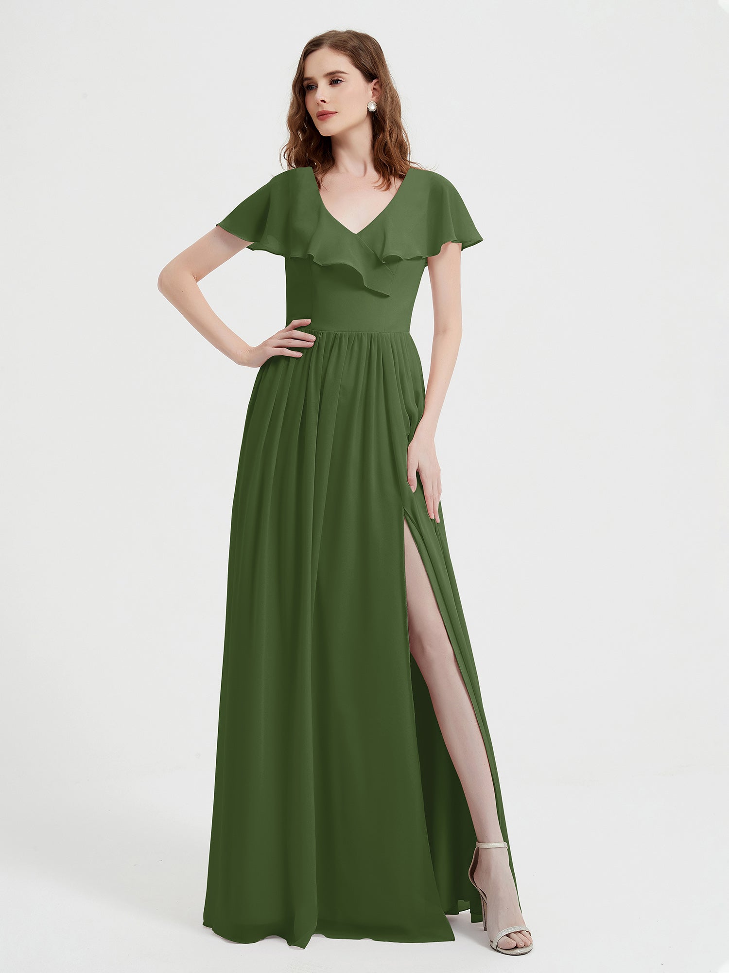 Cap Sleeves Long Chiffon Dresses with Slit-Moss